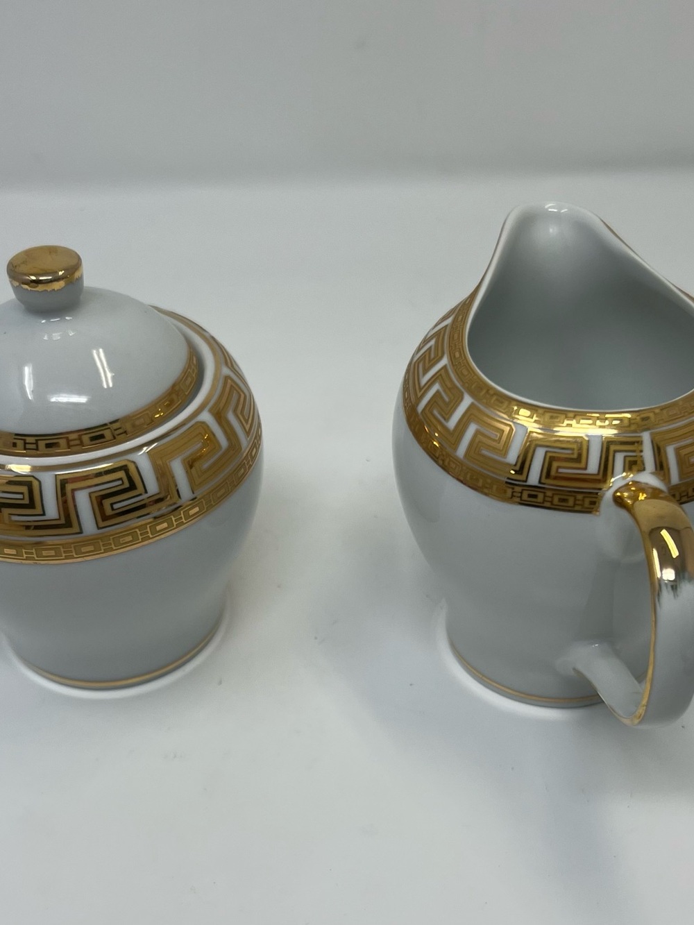 SMCS Tirschenreuth Germany Porcelain Creamer & Sugar Bowl Set Gold Greek Key Vtg